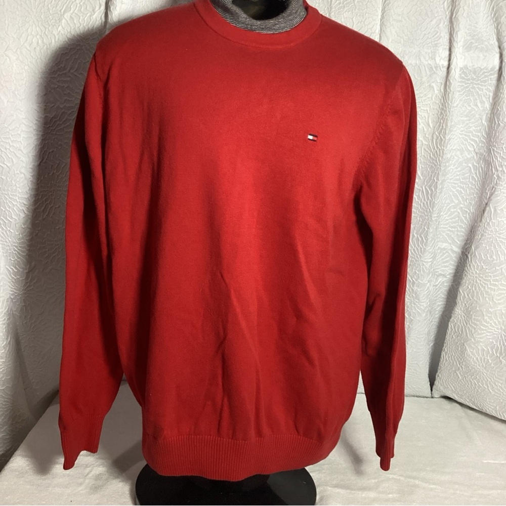 Tommy Hilfiger Mens XL Red Cotton Crew Neck Sweater Fitted Bottom